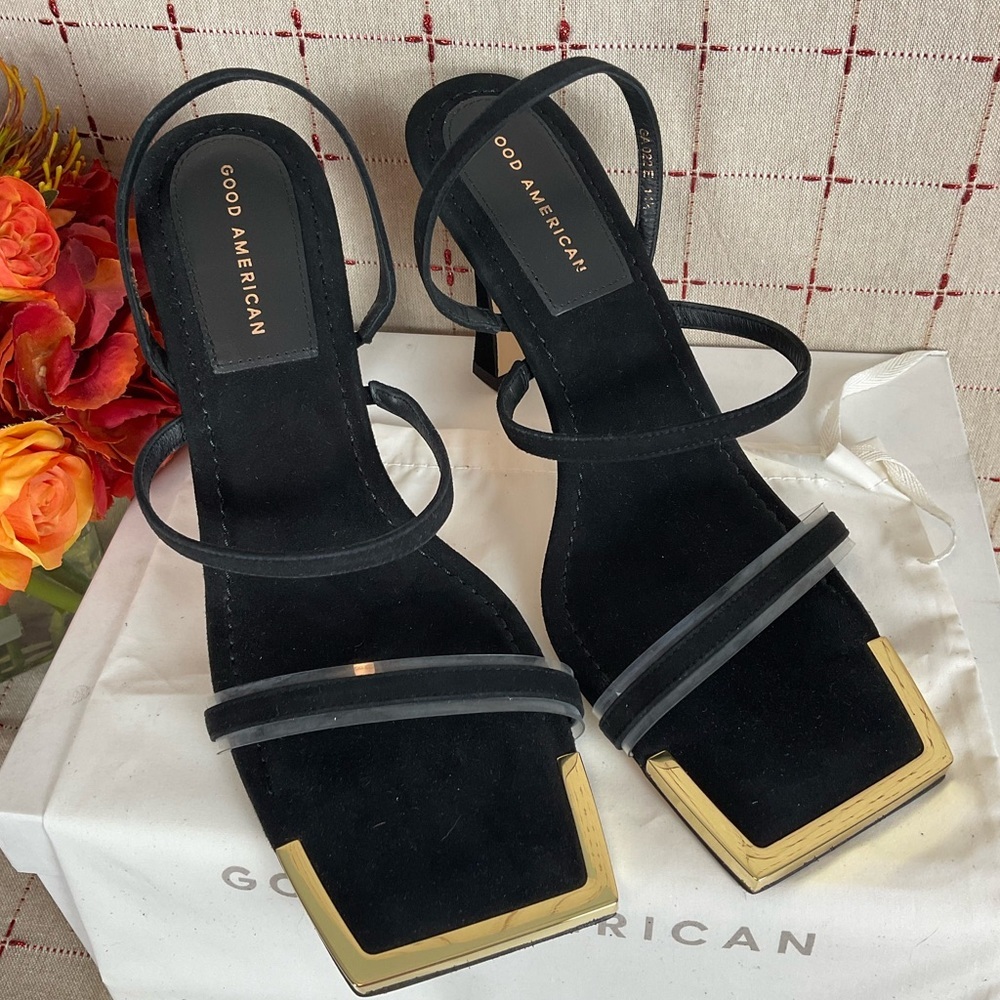 Good American Suede Strappy Heels Gold Square Toe Sz 11.5 Black Leather New - Picture 3 of 6